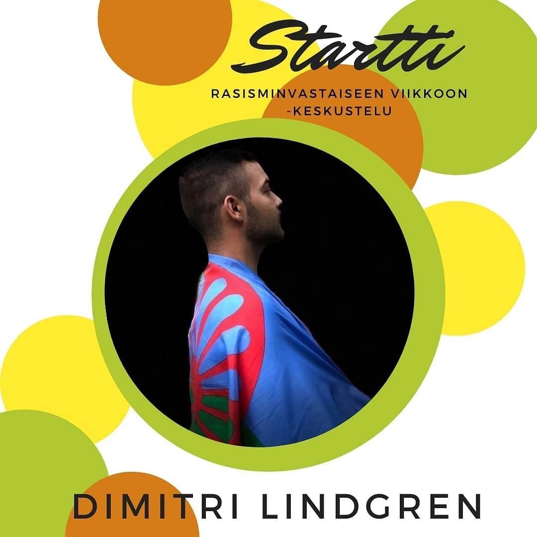 Kuvassa Dimitri Lindgren, joka on Suomen Romaniyhdistyksen projektityöntekijä ja romanikulttuurin ohjaaja. Dimitri on kuvassa romanilipun kanssa.