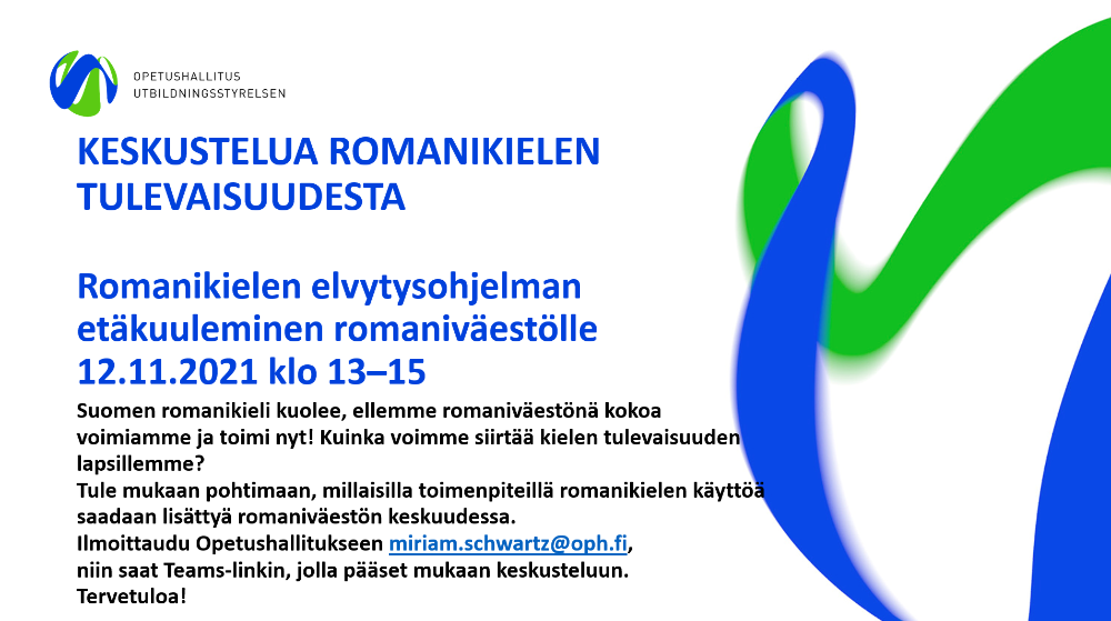 Kuvassa opetushallituksen mainos 12.11. järjestettävästä "Keskustelua romanikielen tulevaisuudesta" -tilaisuudesta.