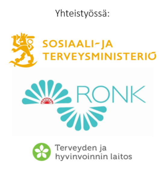 Kuvassa sosiaali- ja terveysministeriön, romaniasiain neuvottelukunnan sekä terveyden ja hyvinvoinnin laitoksen logot