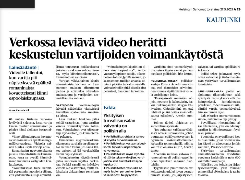 Kuvassa on leikekuva Helsingin Sanomien uutisesta 27.5.2021 "Verkossa leviävä video herätti keskustelun vartijoiden voimankäytöstä".